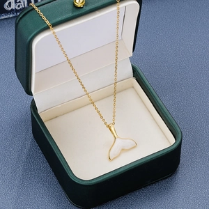 Minimalist 18k gold plated fishtail necklace with white inlay in a premium green gift box