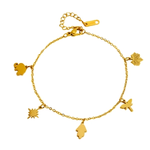 Goldenes Edelstahl-Fußkettchen mit Anhängern wie Sonne, Hand und Libelle für Damen