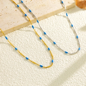 French Retro Stainless Steel Necklace With Blue Beads Minimalist Gold Silver Plated Beaded Clavicle Chain Jewelry For Women
