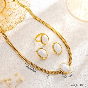 Vintage Vergoldeter Edelstahl Oval Künstliche Perle Schmuck Für Damen Klobige Halskette Ohrstecker Verstellbarer Offener Ring
