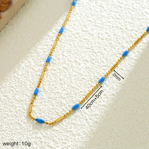 French vintage titanium steel gold chain with blue beads necklace, 40cm plus 5cm length