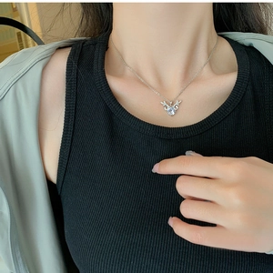 Close-up of antler pendant necklace with sparkling zircon stone on a model's neck