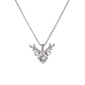 Elegant silver deer antler pendant necklace with sparkling cubic zirconia on white background