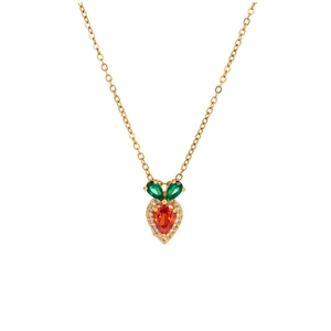 Detailed close-up of a carrot pendant necklace with orange crystals and green leaves
