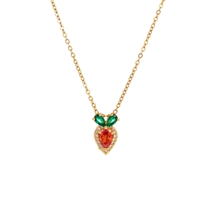 Chic gold carrot pendant necklace with orange pear-shaped zircon and green gem leaves