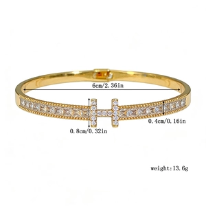 Elegant gold-plated brass H-letter bangle with sparkling micro-pave zircons for women