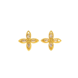 Elegante goldene Blumenohrstecker mit Zirkonia-Steinen im minimalistischen Luxus-Stil