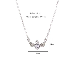 Collier pendentif ailes d'ange couronne et cœur en argent avec cristaux brillants