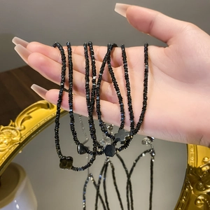 Zwarte Hematiet Kralenketting Titanium Staal Klavertje Hart Kruis Zeshoek Hanger Sleutelbeenketting Voor Vrouwen Sieraden