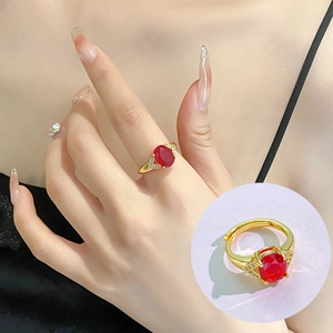 Anillo Abierto de Cobre Chapado en Oro Estilo Occidental con Rubí Rojo Ovalado para Mujer Lujo Geométrico Circonia Incrustada Ajustable