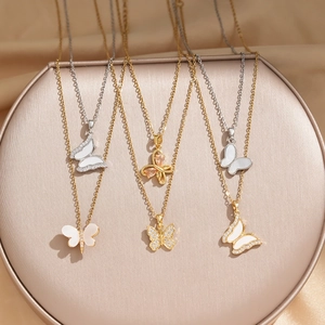 Fashion Butterfly Pendant Necklace Titanium Steel Chain Shell Zirconia Inlaid Elegant Jewelry For Women Gold Silver