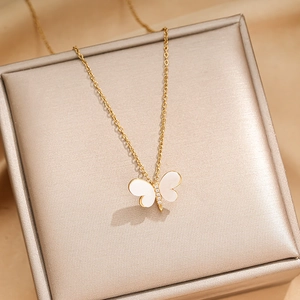 Elegant gold titanium steel butterfly necklace with shell wings and zircon crystals
