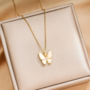 Golden butterfly zircon shell necklace elegant stainless steel clavicle chain for women