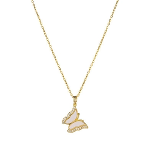 Elegant gold titanium steel necklace featuring a zircon and shell butterfly pendant for women