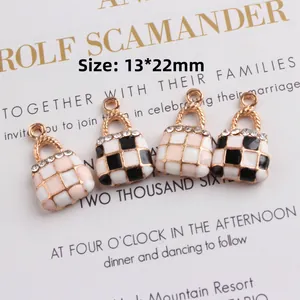 Colgantes de bolso DIY con esmalte de cuadros y piedras de diamantes 13x22mm