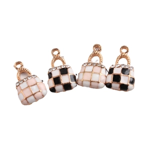 DIY Korean style enamel checkered handbag pendants with crystals in pink and black colors