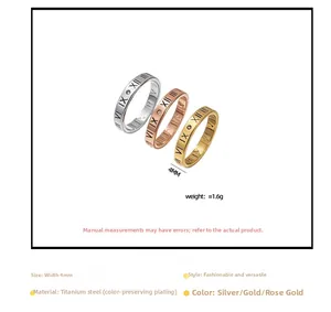 Detail of 4mm titanium steel roman numeral rings in silver, gold, and rose gold finishes