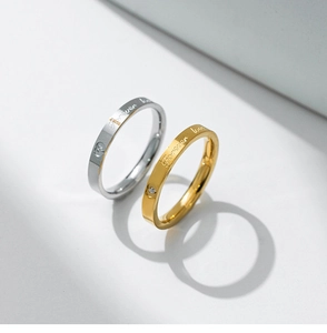 Detail of Forever Love engraving and zircon stone on titanium steel couple rings