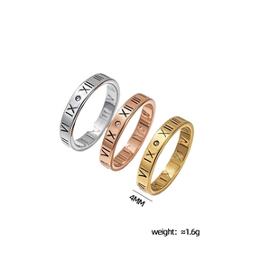 Detail view of 4mm hollow Roman numeral rings in silver, gold, and rose gold finish
