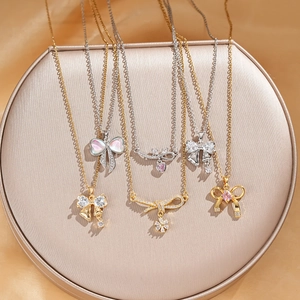 Elegant Butterfly Bow Pendant Necklace Titanium Steel Copper Base Colorful Shell Zircon Inlaid Adjustable Chain Women Jewelry