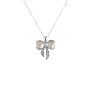 Elegant silver-toned bow necklace with iridescent heart-shaped petals and sparkling crystals