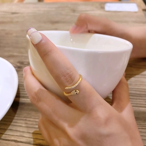 Elegant gold snake open ring for women with micro-paved zircons and adjustable band