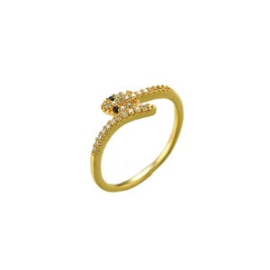 Elegant gold snake open ring featuring shimmering white cubic zirconia and black stone eyes