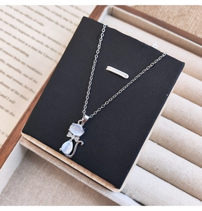 Gros plan d'un collier de chat argenté avec opale bleue et strass sur boîte à bijoux