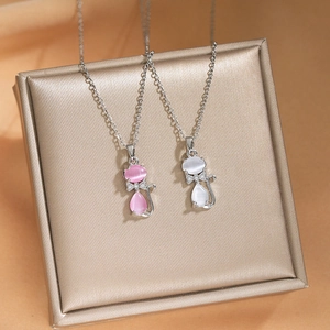Collier Pendentif Chat Mignon Avec Pierre Oeil de Chat Chaîne en Acier Titane Pour Femme Bijoux Fantaisie