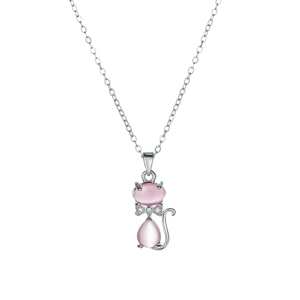 Collier avec pendentif chat en opale rose et acier inoxydable argenté pour femme