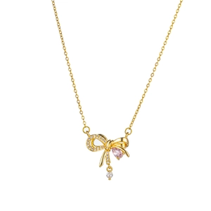 Titanium steel necklace with gold bow pendant, pink pear-cut gem and zircon stones