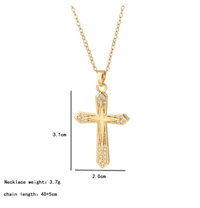 Detail view of gold cross pendant necklace with clear zircon and dimensions display