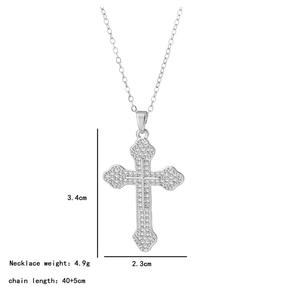 Detailed size specifications for the silver cross necklace with full cubic zirconia paving
