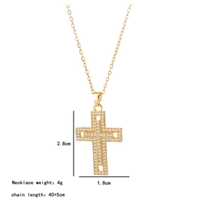 Detailed size view of a gold cross pendant necklace with sparkling white pavé crystals