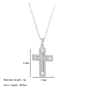 Detailed size chart showing 2.8cm cross pendant and 40cm chain length with extension