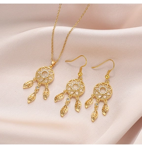 Detailed set of dreamcatcher necklace and earrings on elegant pink silk fabric