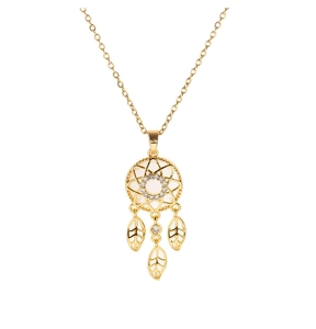 Close-up of golden dreamcatcher necklace with opal and zircon in bohemian style