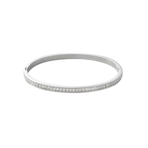 Modern silver stainless steel bangle with full row of square cut crystals and polished finish