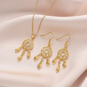 Golden dreamcatcher necklace and earrings set with opal and white zircon stones