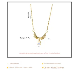 Detailed view of angel wing necklace with moonstone teardrop and titanium steel dimensions