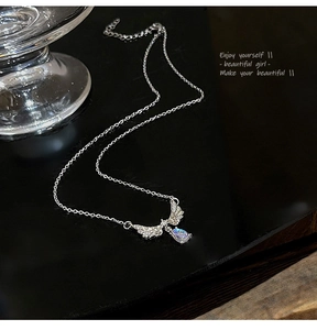 Macro detail of angel wing necklace with moonstone teardrop and silver titanium chain