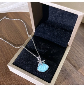 Détail du pendentif étoile de mer et coquillage bleu sur chaîne en acier titane