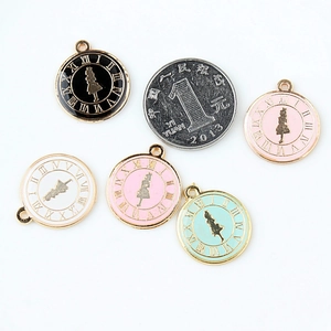 Alice Thema Gold Emaille Uhrenanhänger mit Silhouette und Münze als Größenvergleich