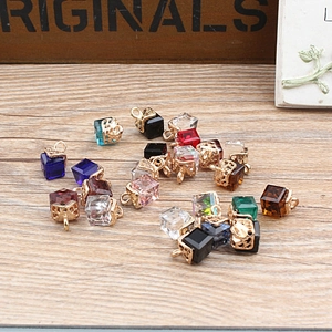 K-gold plated cube crystal pendants in multiple colors with hollow filigree metal caps