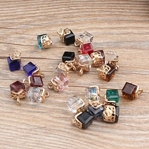 DIY Alloy Crystal Glass Cube Pendants With Golden Hollow Caps For Necklace Bracelet Jewelry Making Accessories Geometric Craft Charms