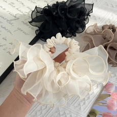 French retro style cream organza oversized ruffled scrunchie with airy pleated layers