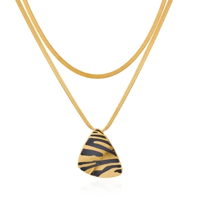 Double-layered 18K gold snake chain necklace with animal print triangle pendant charm