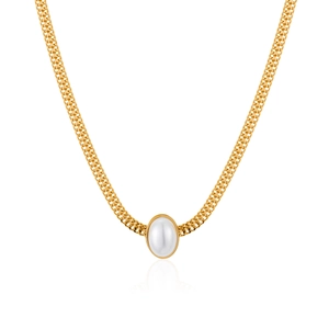 Elegant gold titanium steel double chain necklace with oval pearl pendant for women