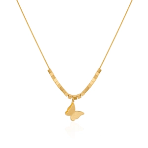 Conjunto de joyas doradas de acero con colgante de mariposa doble y cadena de cuentas