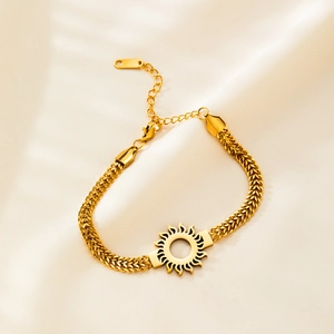 Polished gold stainless steel sun pendant bracelet with wheat chain and lobster clasp